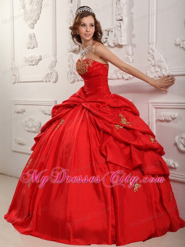 Customize Red Sweetheart Appliqued Sweet 15 Dresses