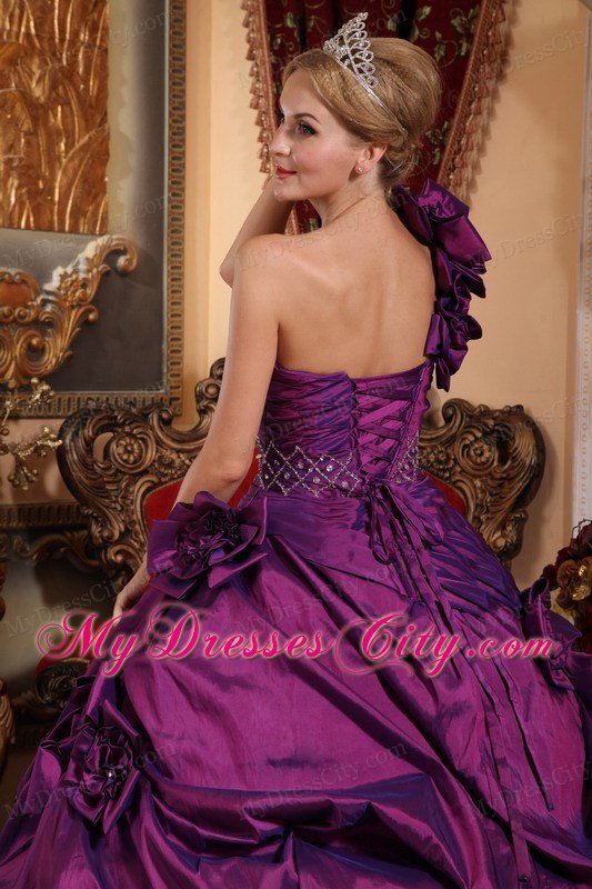 Flowered One Shoulder Taffeta Beading Ball Gown Quinceanera Dress