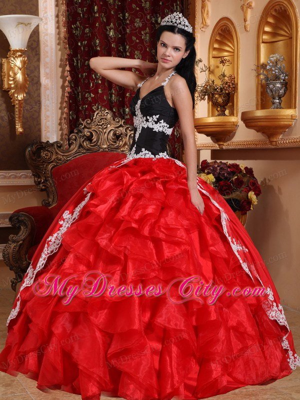 Cheap Red and Black V-neck Appliques Sweet Sixteen Dresses