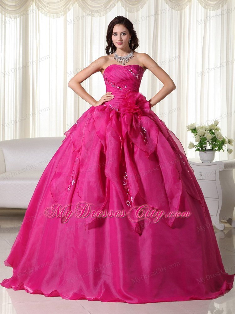 Strapless Organza Appliques Fuchsia Colored Quinceanera Dress