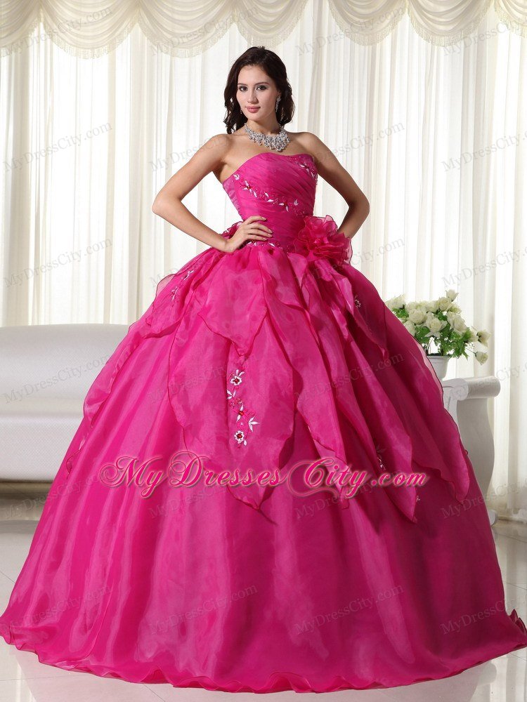 Strapless Organza Appliques Fuchsia Colored Quinceanera Dress