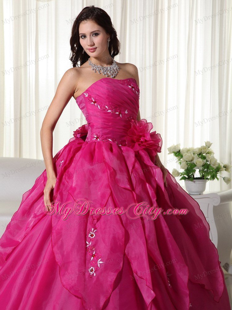 Strapless Organza Appliques Fuchsia Colored Quinceanera Dress