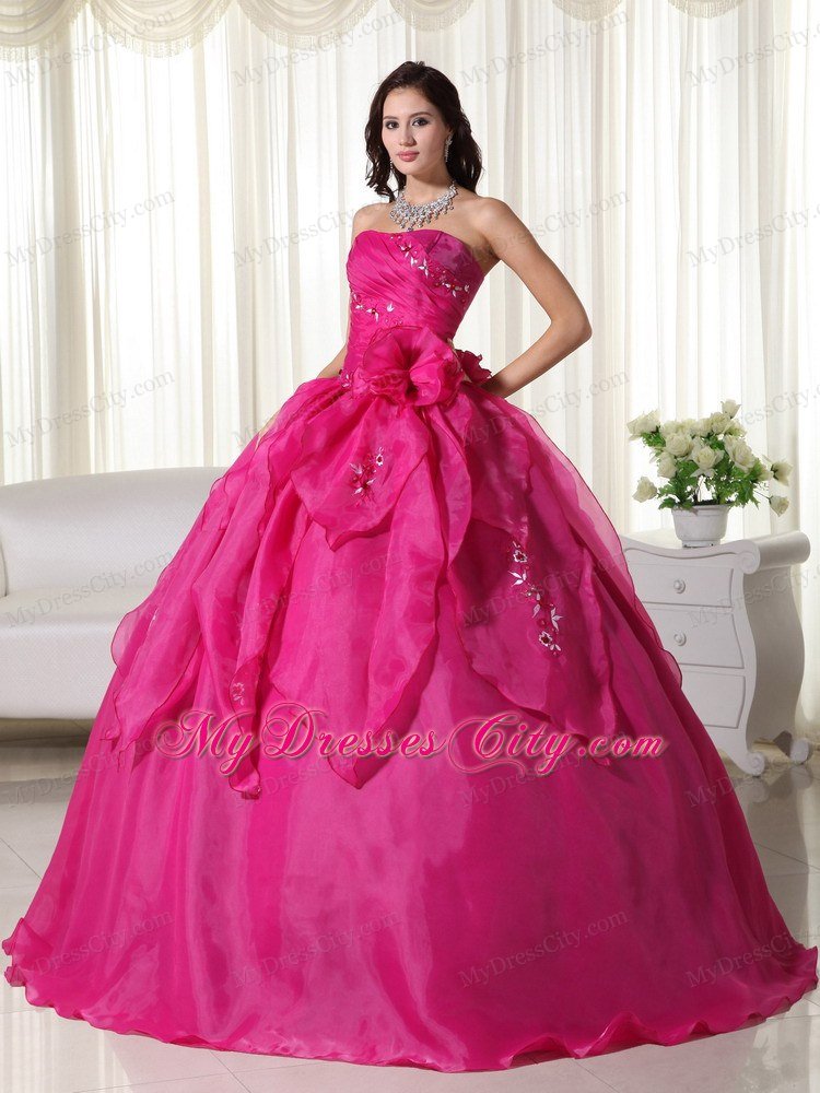 Strapless Organza Appliques Fuchsia Colored Quinceanera Dress