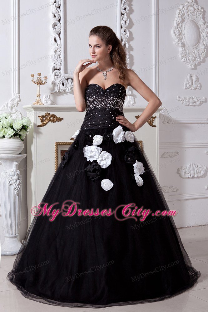 Black Aline Sweetheart Quinceanera Dress with Hand Made Flowers