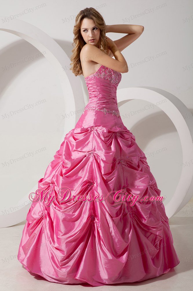 Rose Pink Strapless Taffeta Appliques Sweet Sixteen Dress