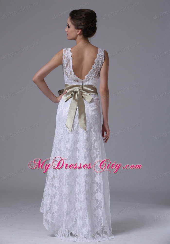 High-low V-Neck Lace Summer Wedding Dress with Apple Green Sash