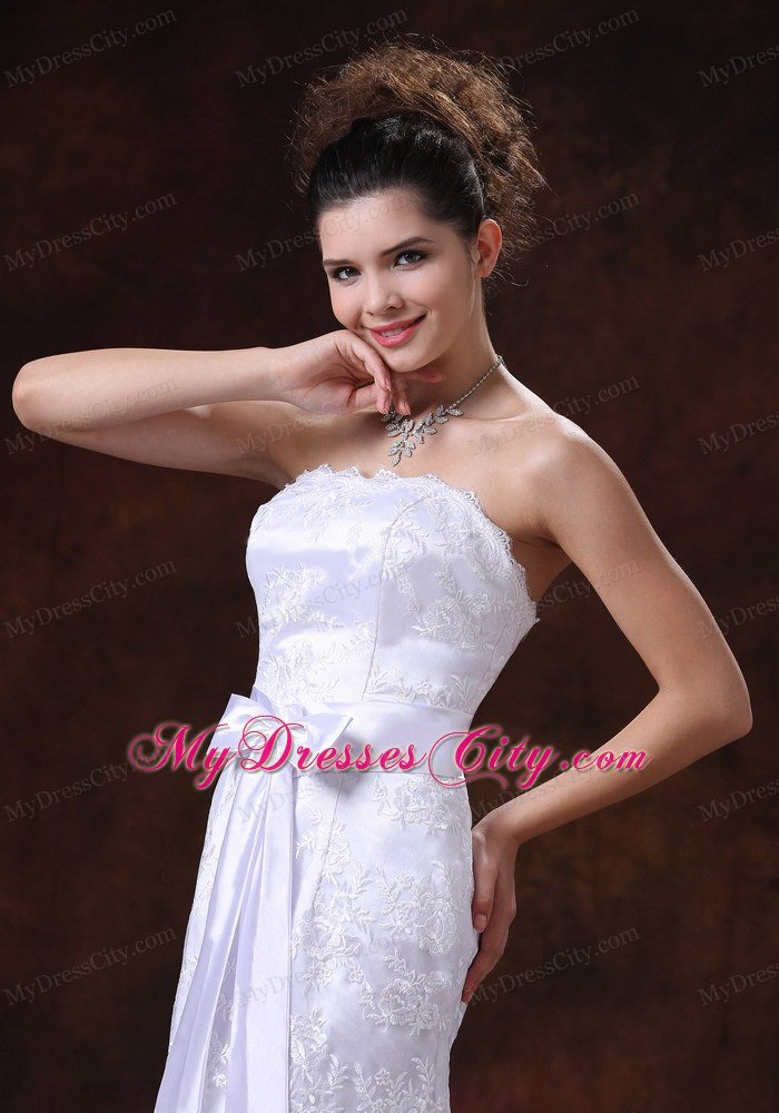 Slinky Lace Over Skirt Strapless Column Wedding Dress with Sash