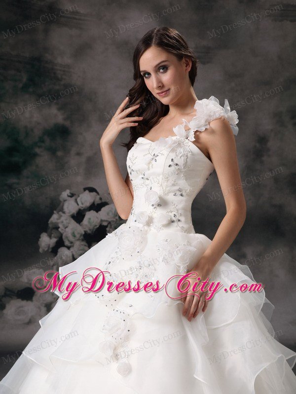 One Shoulder Appliques Wedding Dress with Hand Made Flowers