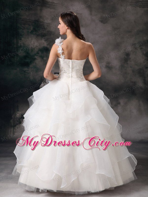 One Shoulder Appliques Wedding Dress with Hand Made Flowers