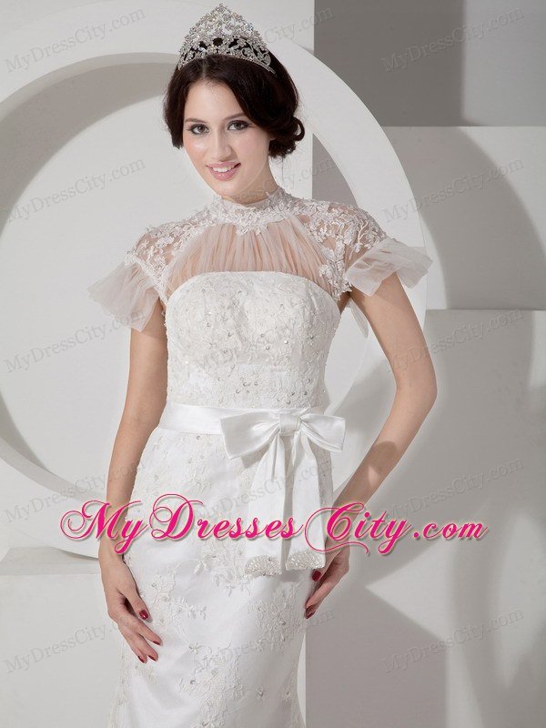 Fashionable High-neck Brush Train Lace and Sash Wedding Dress