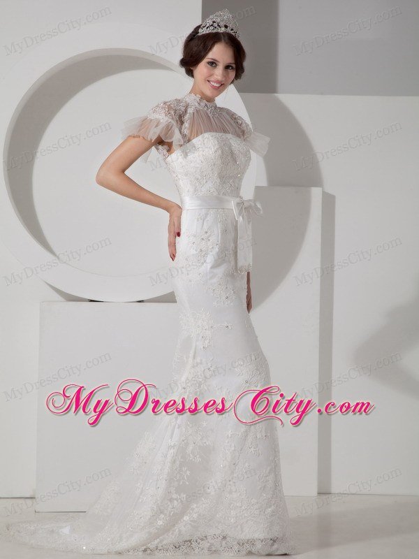 Fashionable High-neck Brush Train Lace and Sash Wedding Dress