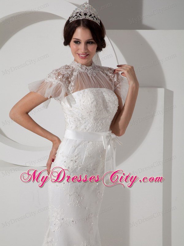 Fashionable High-neck Brush Train Lace and Sash Wedding Dress