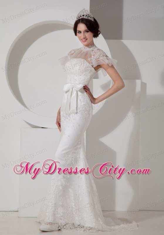 Fashionable High-neck Brush Train Lace and Sash Wedding Dress