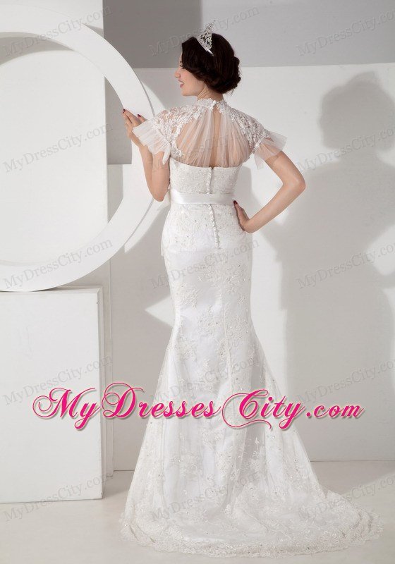 Fashionable High-neck Brush Train Lace and Sash Wedding Dress