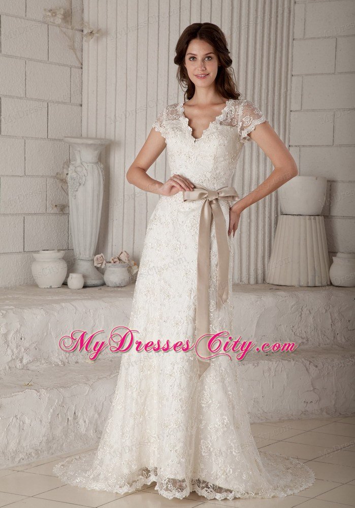 Sheath Vneck Lace Wedding Dress with Sash and Short Sleeves