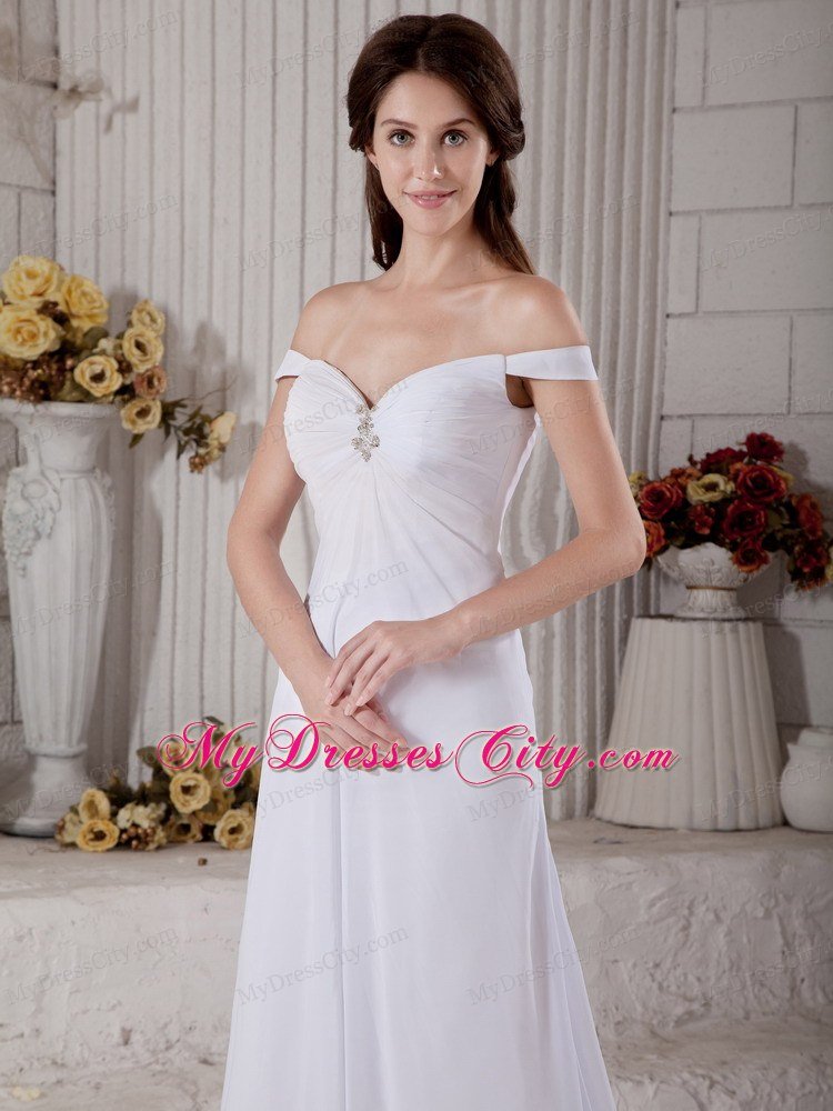 Simple A-line Off The Shoulder Court Train Beaded Bridal Gown