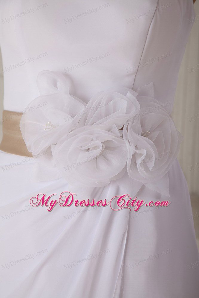Cute Strapless Knee-length Hand Made Flowers Wedding Dress
