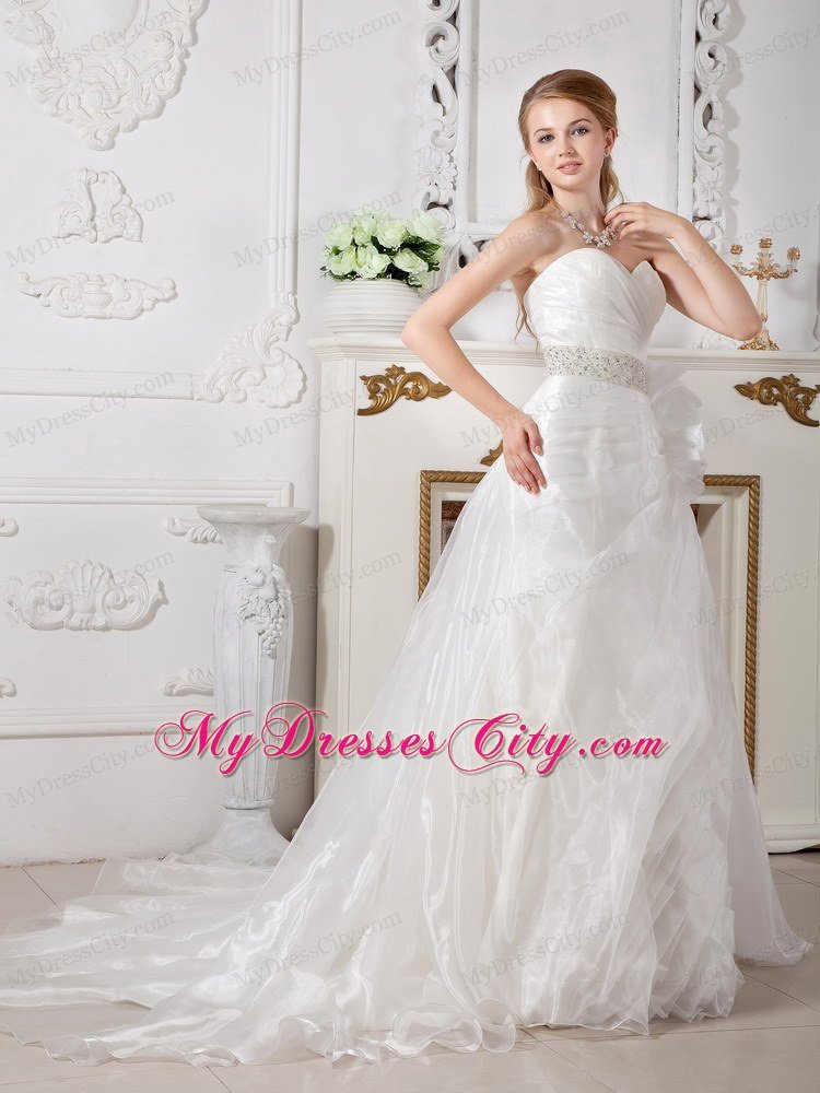 A-line Court Train Beading Wedding Dress with Hand Made Flower