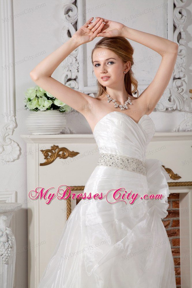 A-line Court Train Beading Wedding Dress with Hand Made Flower