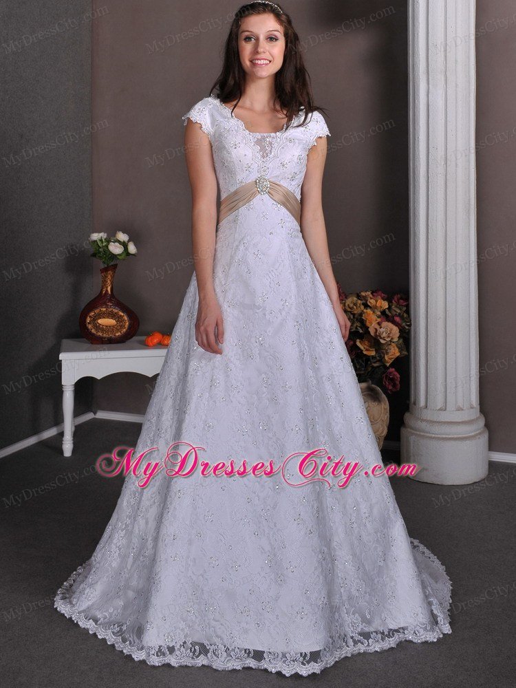 V-neck Court Train Lace Beaded Bridal dress with Champagne Sash