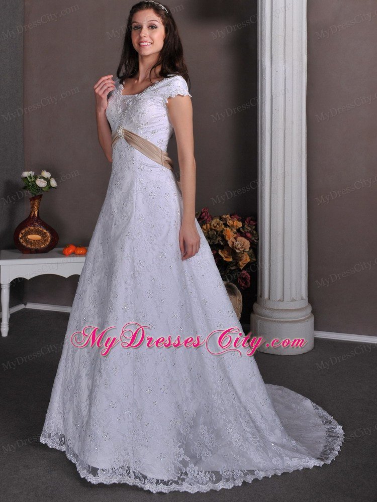 V-neck Court Train Lace Beaded Bridal dress with Champagne Sash