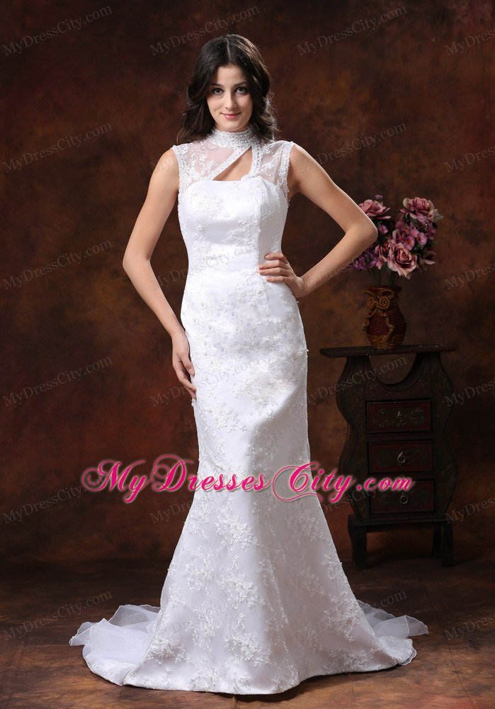 Gorgeous Mermaid Embroidery Wedding Dress with High Neckline