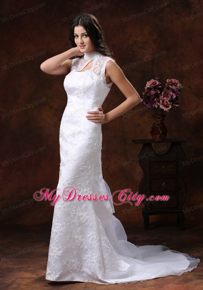 Gorgeous Mermaid Embroidery Wedding Dress with High Neckline