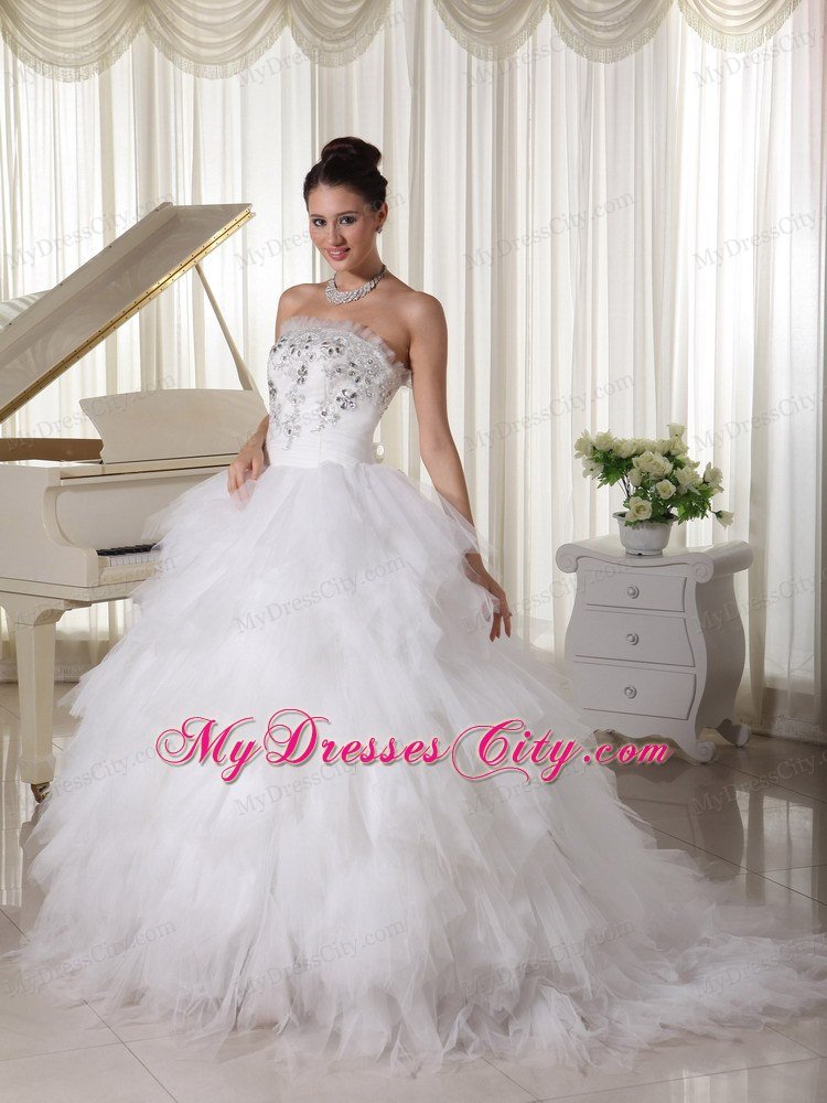 Tulle Ruffles A-line Strapless Beaded Decorated Wedding Dress
