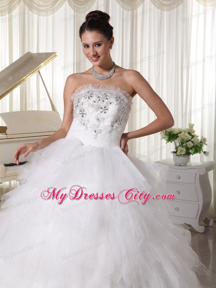 Tulle Ruffles A-line Strapless Beaded Decorated Wedding Dress