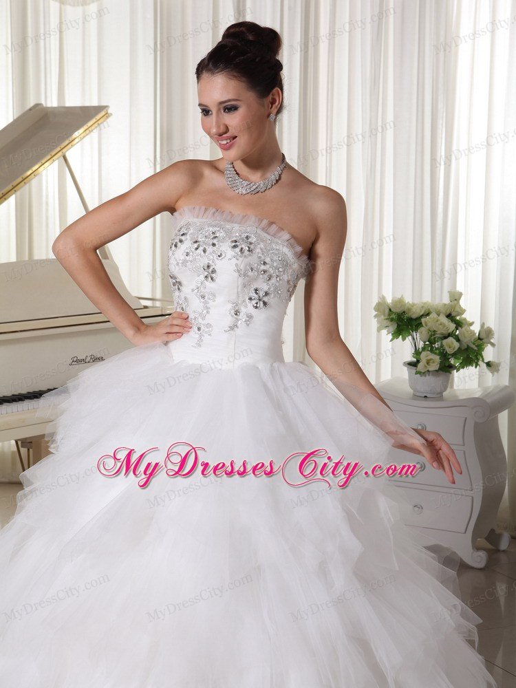 Tulle Ruffles A-line Strapless Beaded Decorated Wedding Dress