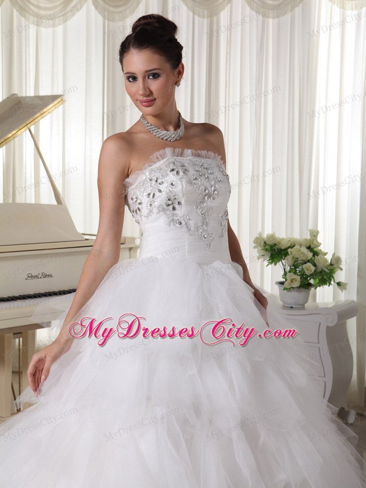 Tulle Ruffles A-line Strapless Beaded Decorated Wedding Dress