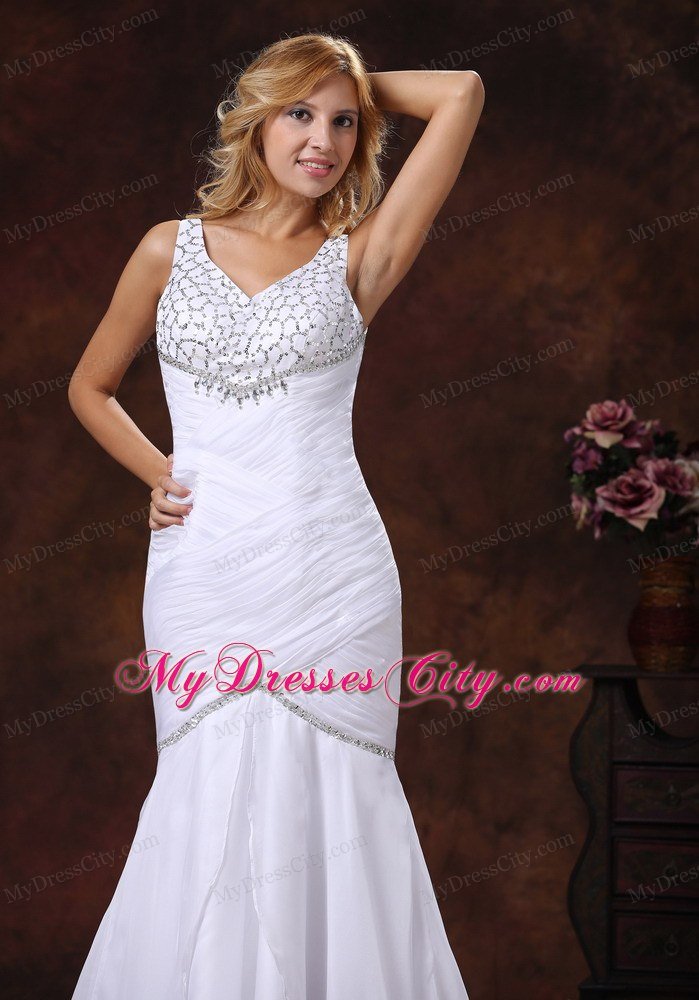 V-neck Mermaid Wedding Dress with Ruched Bodice and Beaded Bust
