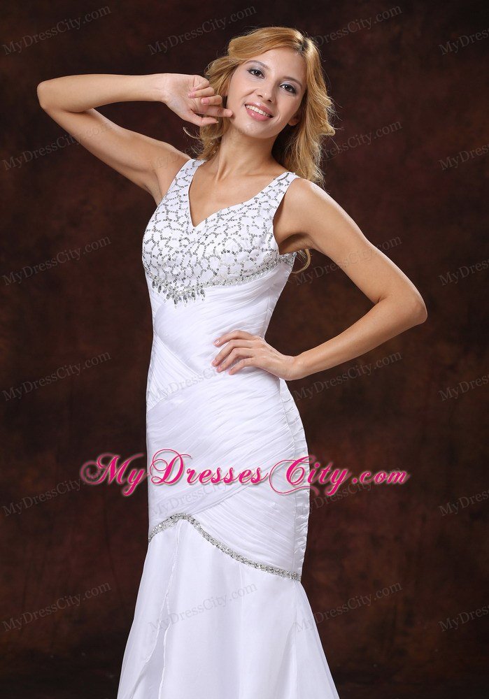 V-neck Mermaid Wedding Dress with Ruched Bodice and Beaded Bust