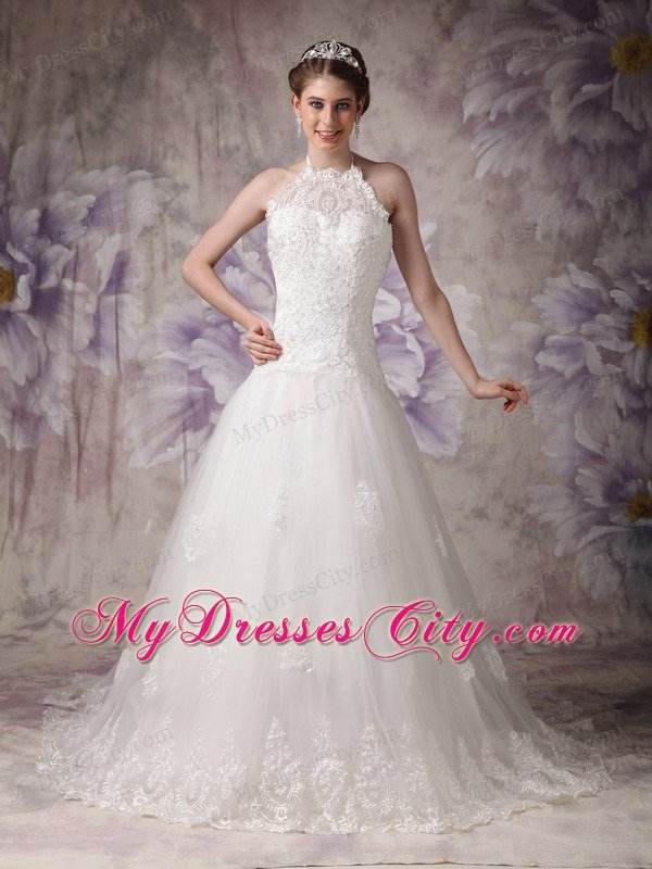 Princess Halter Top Chapel Train Tulle Beading Wedding Gown