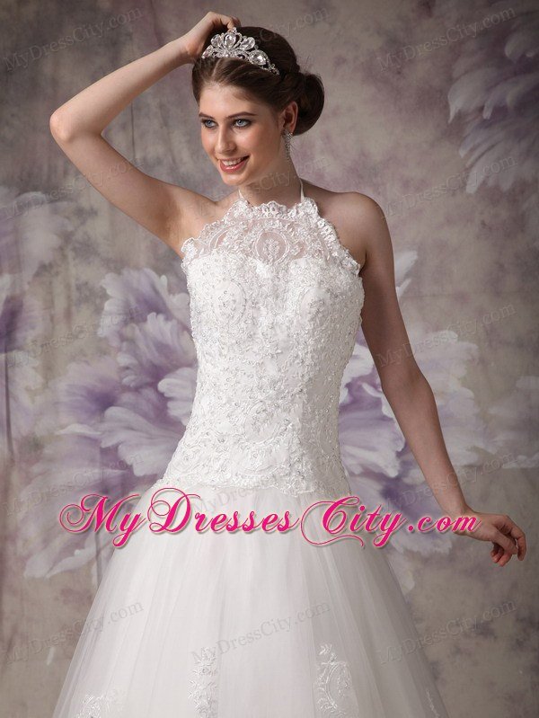 Princess Halter Top Chapel Train Tulle Beading Wedding Gown
