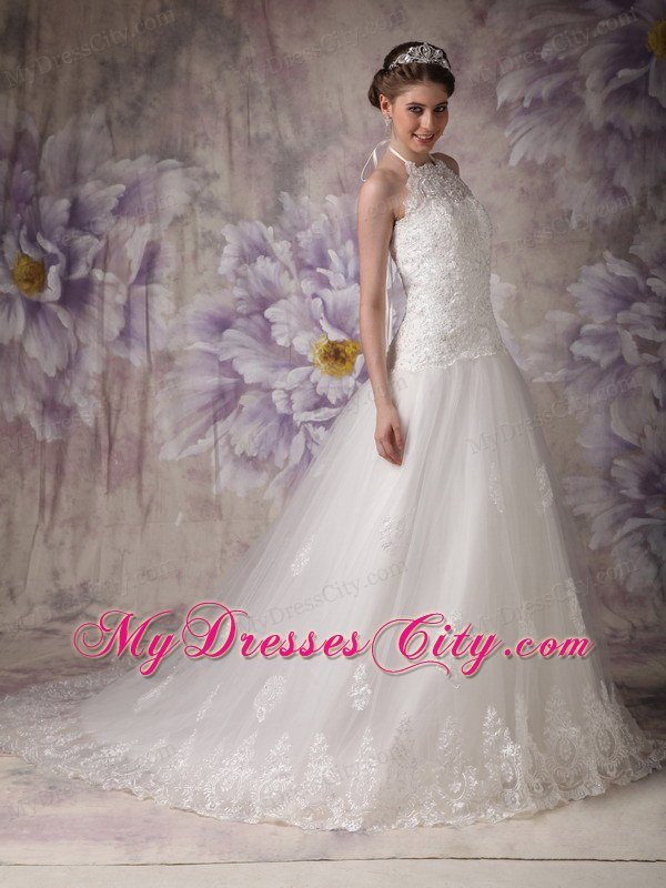 Princess Halter Top Chapel Train Tulle Beading Wedding Gown