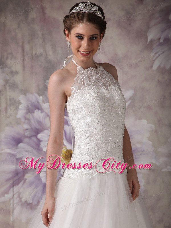 Princess Halter Top Chapel Train Tulle Beading Wedding Gown