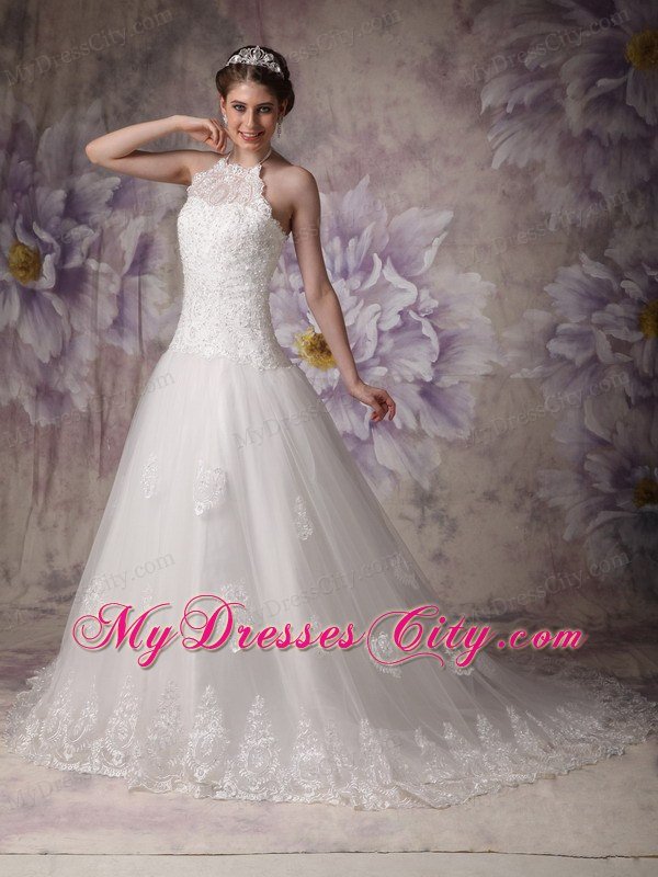 Princess Halter Top Chapel Train Tulle Beading Wedding Gown