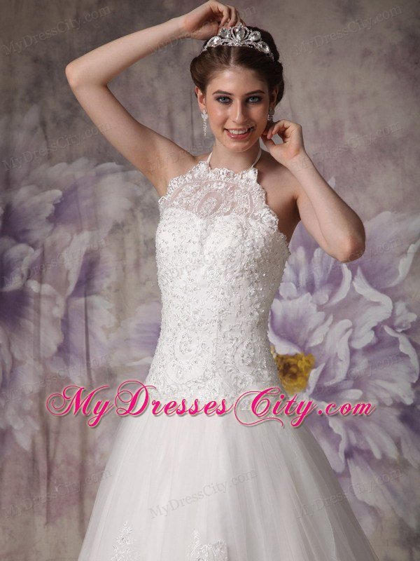 Princess Halter Top Chapel Train Tulle Beading Wedding Gown