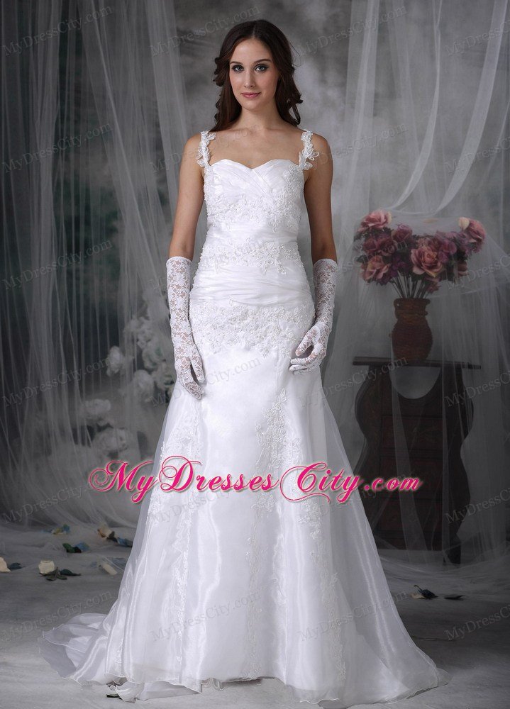 Straps Brush Train Organza Appliques and Ruches Wedding Gown
