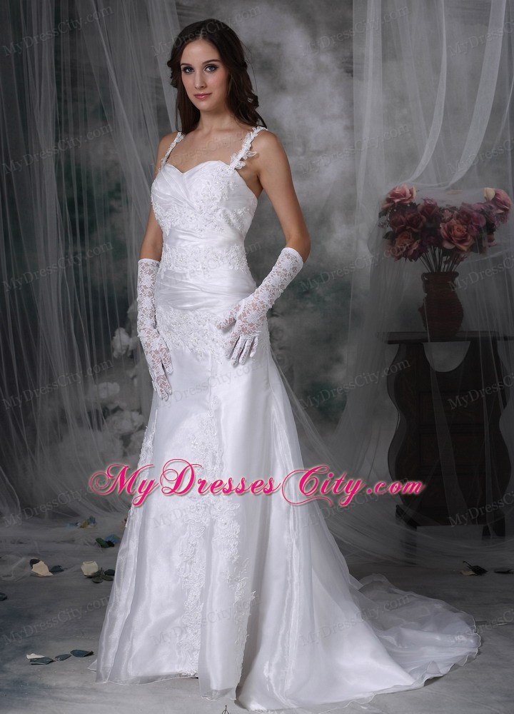 Straps Brush Train Organza Appliques and Ruches Wedding Gown