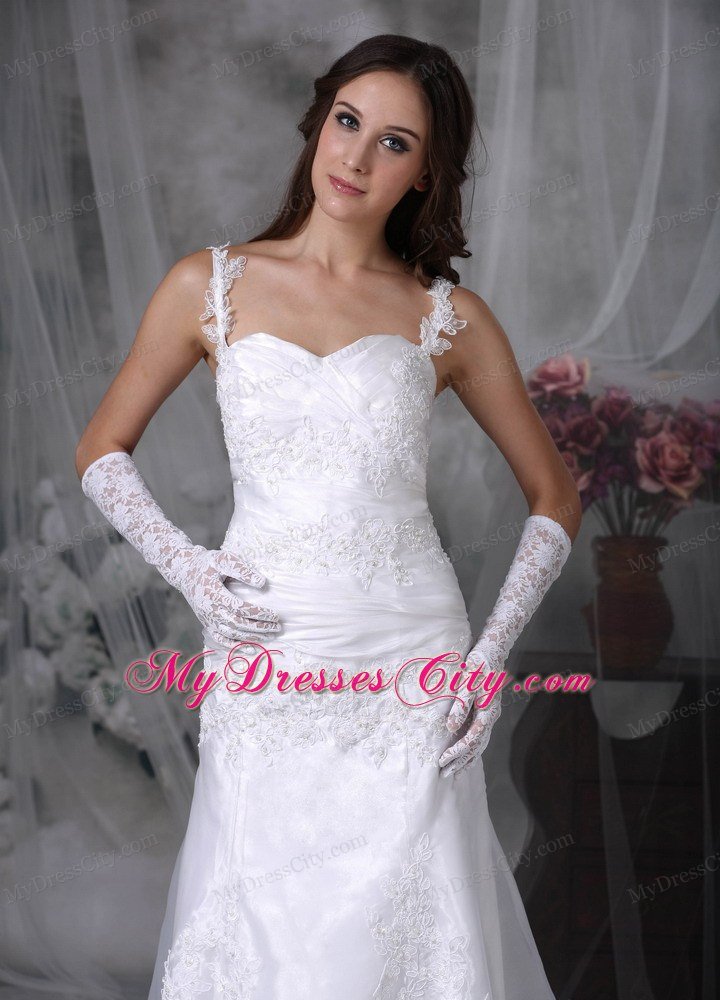 Straps Brush Train Organza Appliques and Ruches Wedding Gown