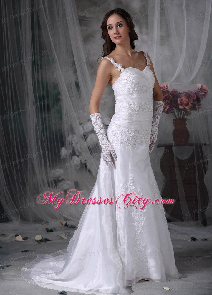 Straps Brush Train Organza Appliques and Ruches Wedding Gown
