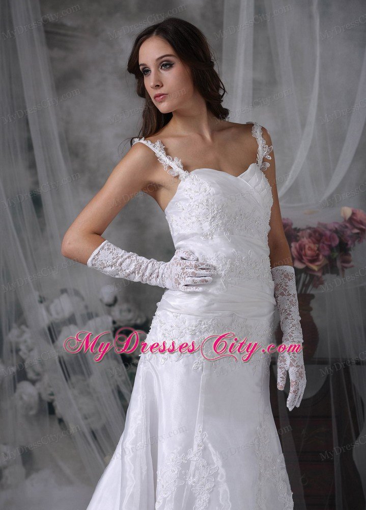 Straps Brush Train Organza Appliques and Ruches Wedding Gown