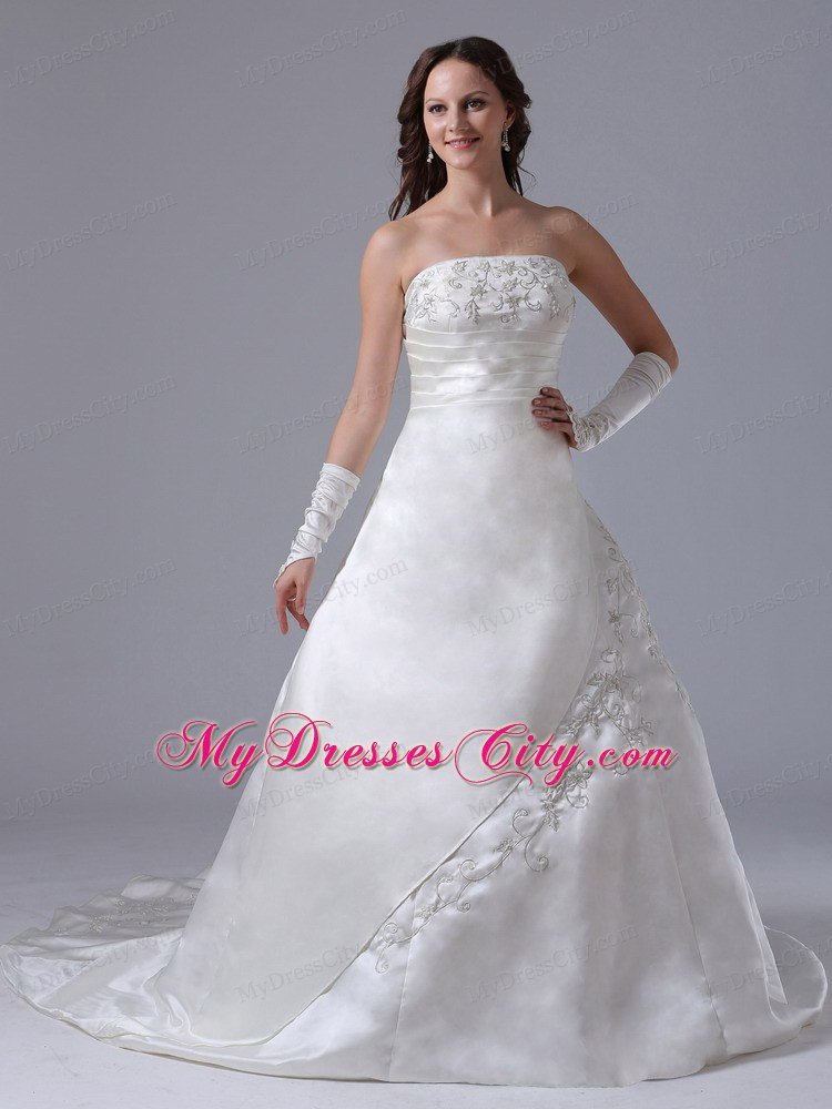 Embroidery Decorated Court Train Satin Wedding Gown With Ruches