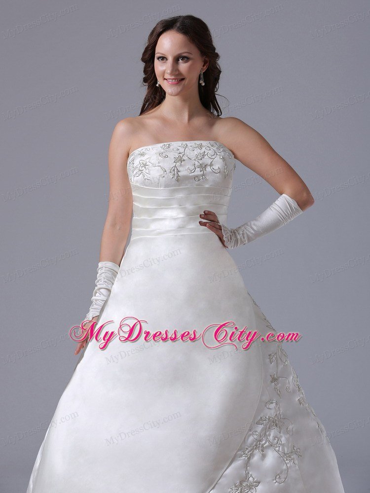 Embroidery Decorated Court Train Satin Wedding Gown With Ruches