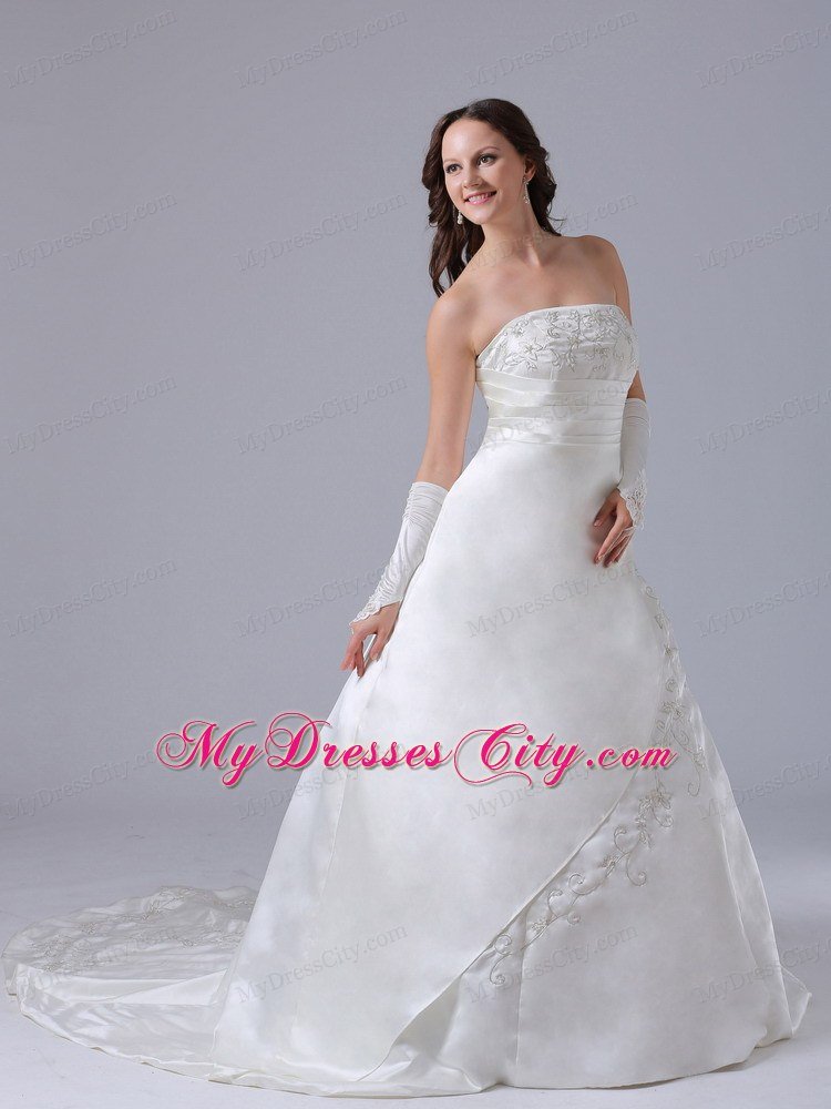 Embroidery Decorated Court Train Satin Wedding Gown With Ruches