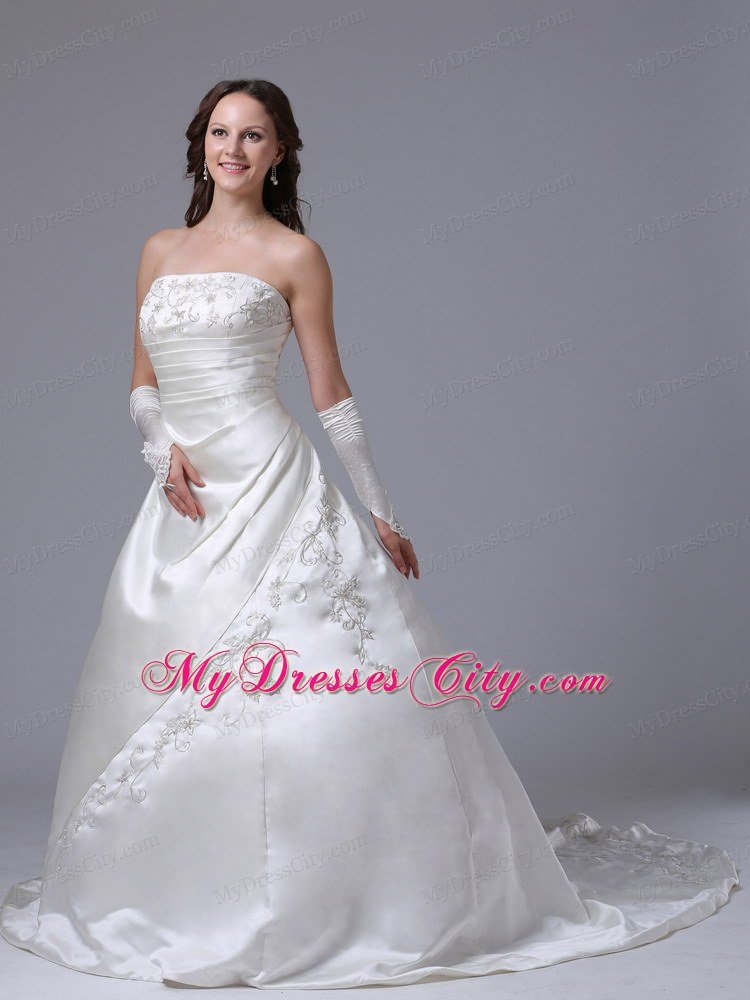 Embroidery Decorated Court Train Satin Wedding Gown With Ruches