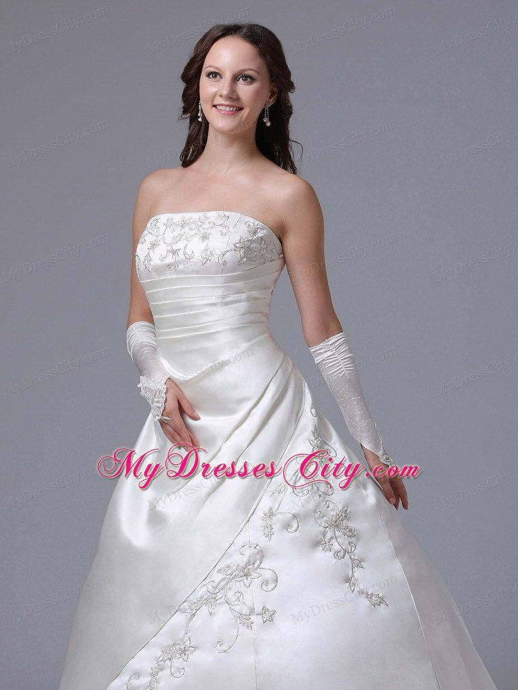 Embroidery Decorated Court Train Satin Wedding Gown With Ruches