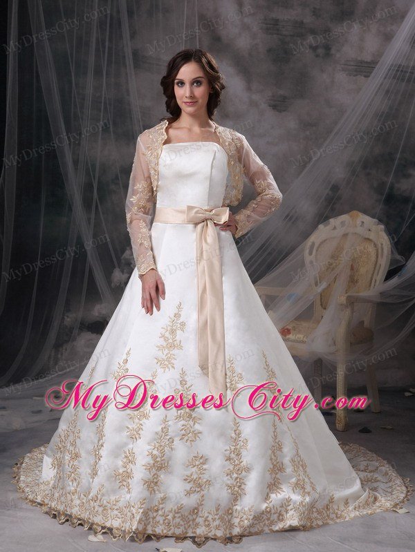 Strapless Embroidery Sash Champagne Church Wedding Dress with Jacket